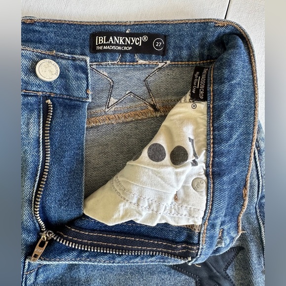 BlankNYC High-Rise “Madison Crop” Denim w/ Leather Navy Blue Star Detail Size 27 - Picture 3 of 6